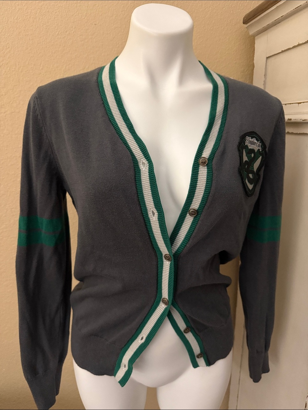 Gray Cardigan with Green Trim and Crest Patch
